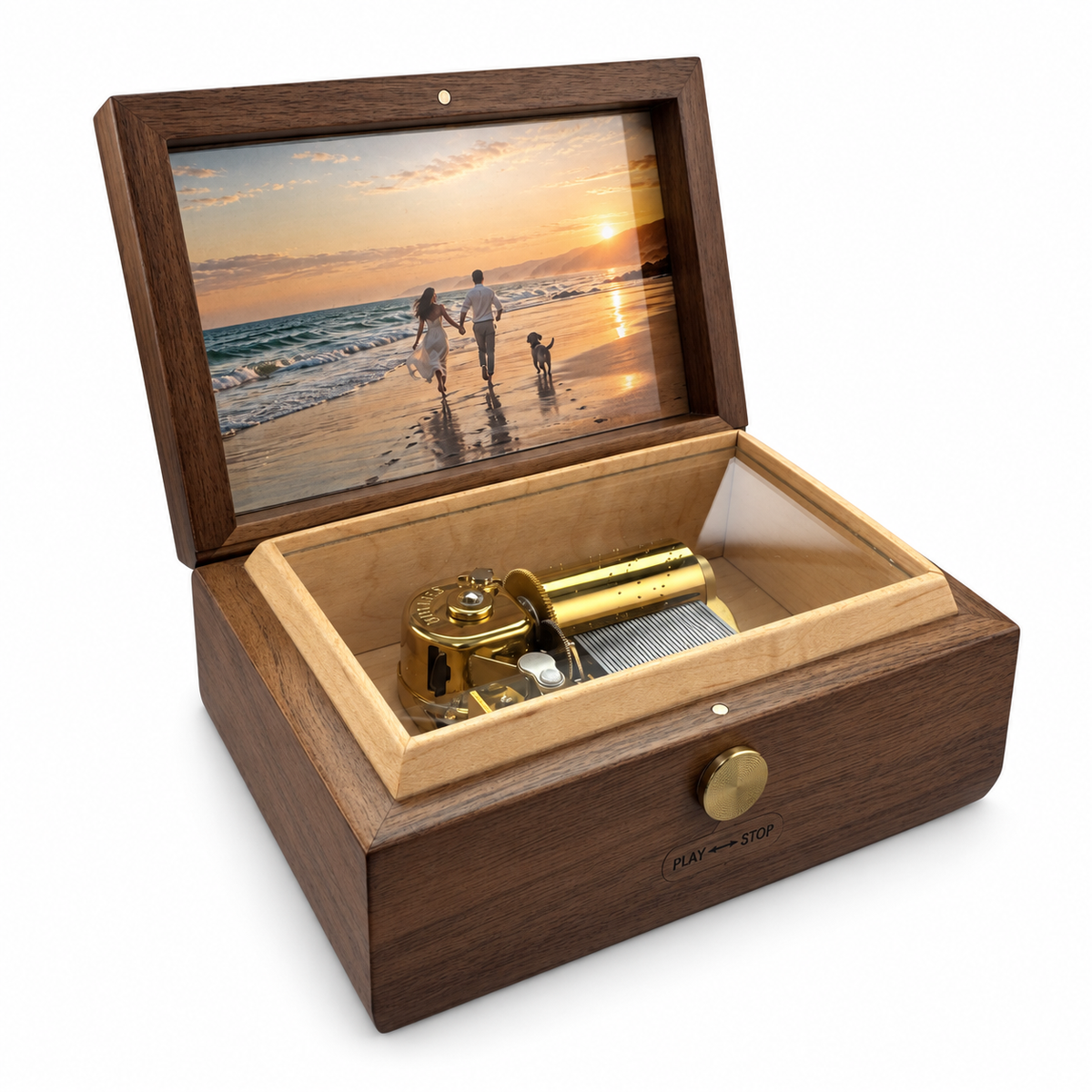 Wooden music box with photo frame, left view