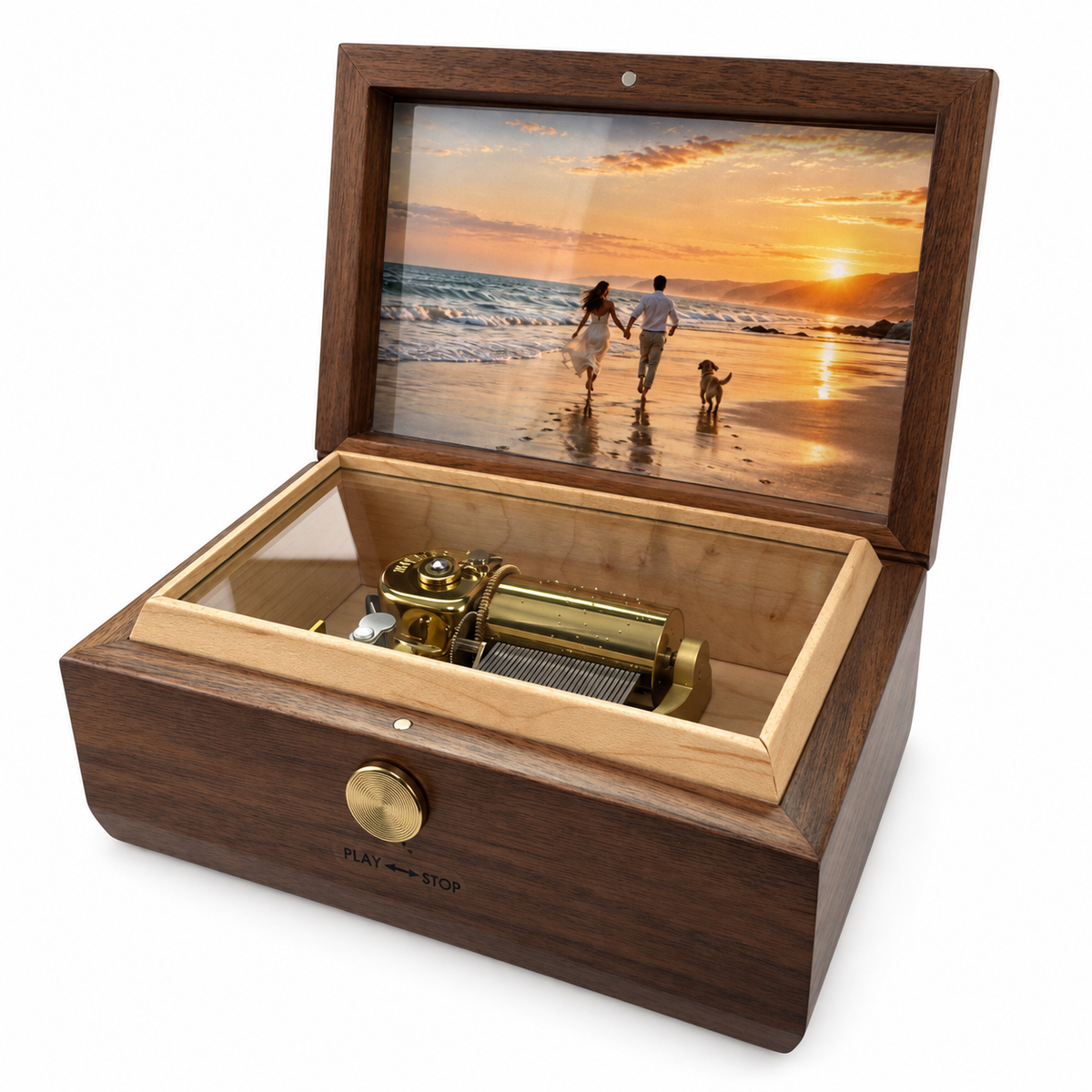 Wooden music box with photo frame, right view