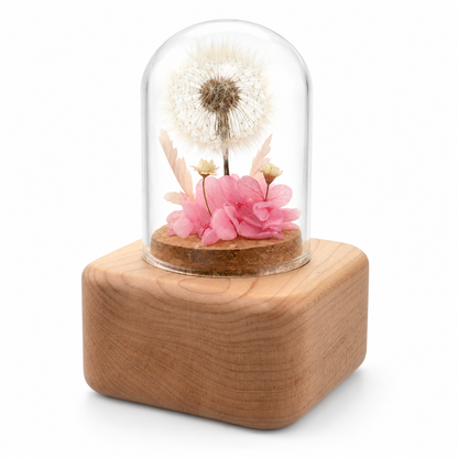Preserved Flower Music Box with Glass Dome, Solid Wood Base, Handmade Dandelion Display, Romantic Keepsake Gift