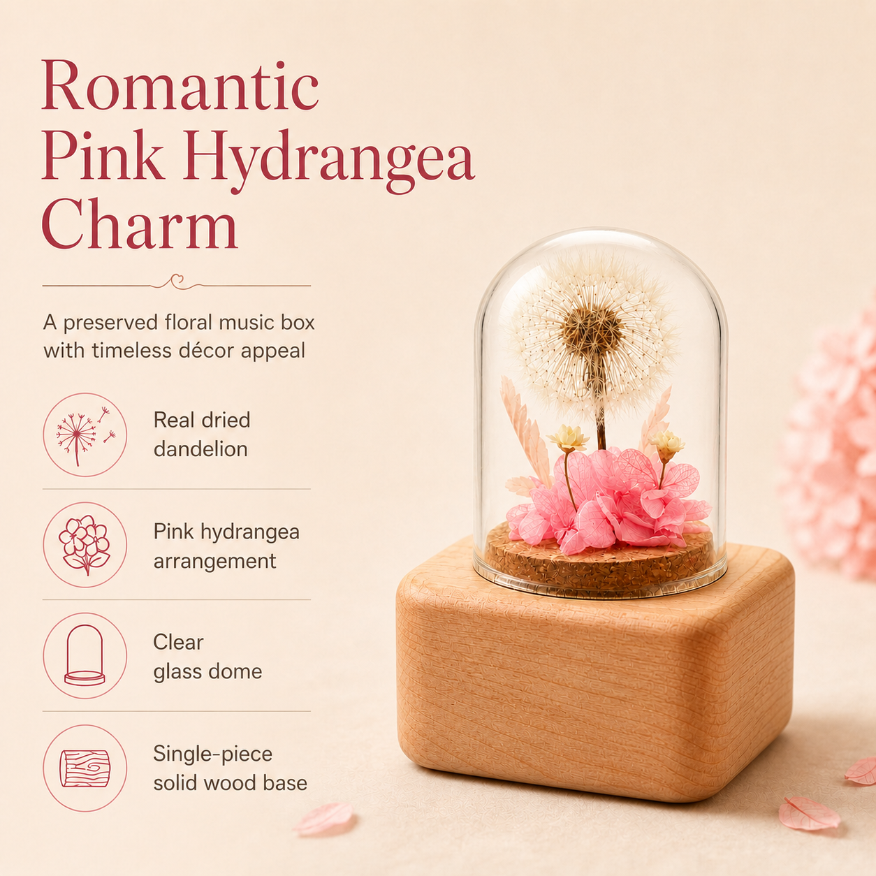 Preserved Flower Music Box with Glass Dome, Solid Wood Base, Handmade Dandelion Display, Romantic Keepsake Gift