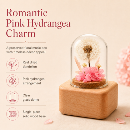 Preserved Flower Music Box with Glass Dome, Solid Wood Base, Handmade Dandelion Display, Romantic Keepsake Gift