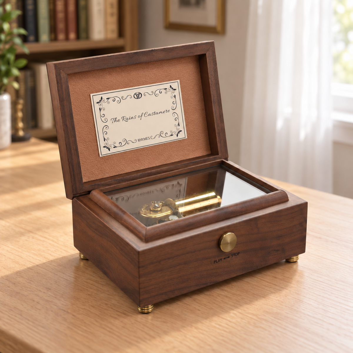 Rectangle wooden music box with label in a study