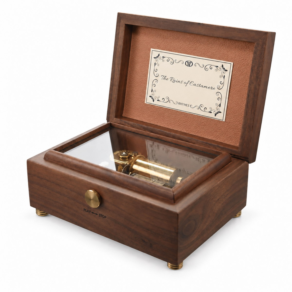 Rectangle wooden music box with label, right view