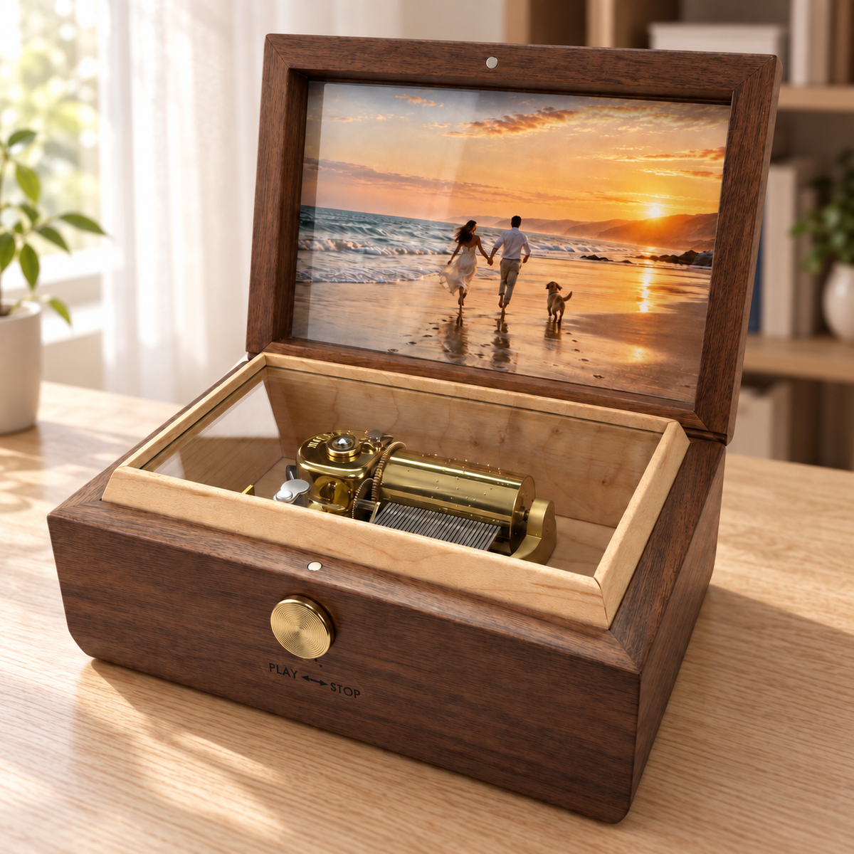 Wooden music box with photo frame in a study