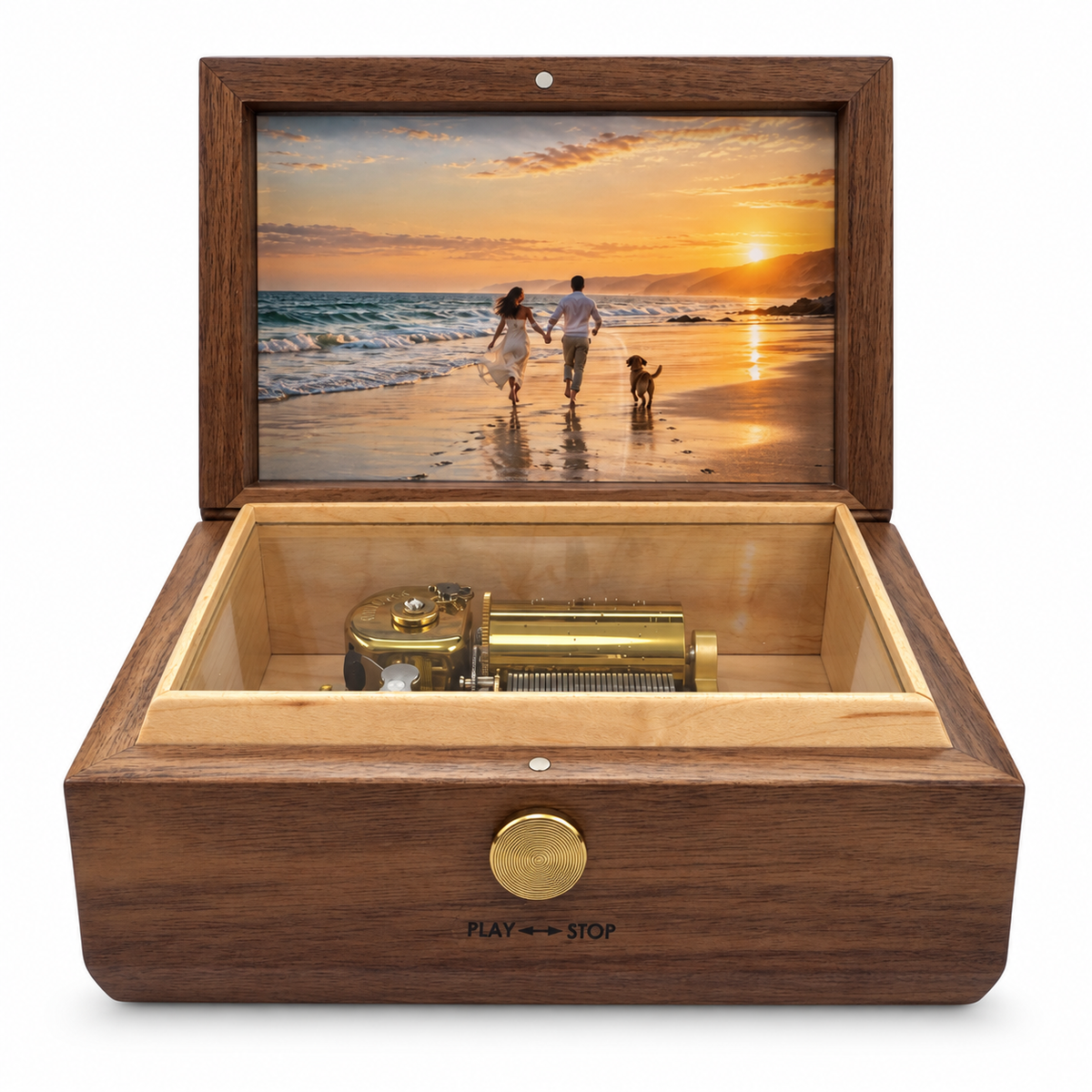 Wooden music box with photo frame, front view