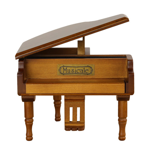 Wooden piano music box with bench, back view