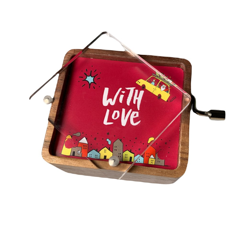 Blue Bird hand crank Walnut music box with photo frame