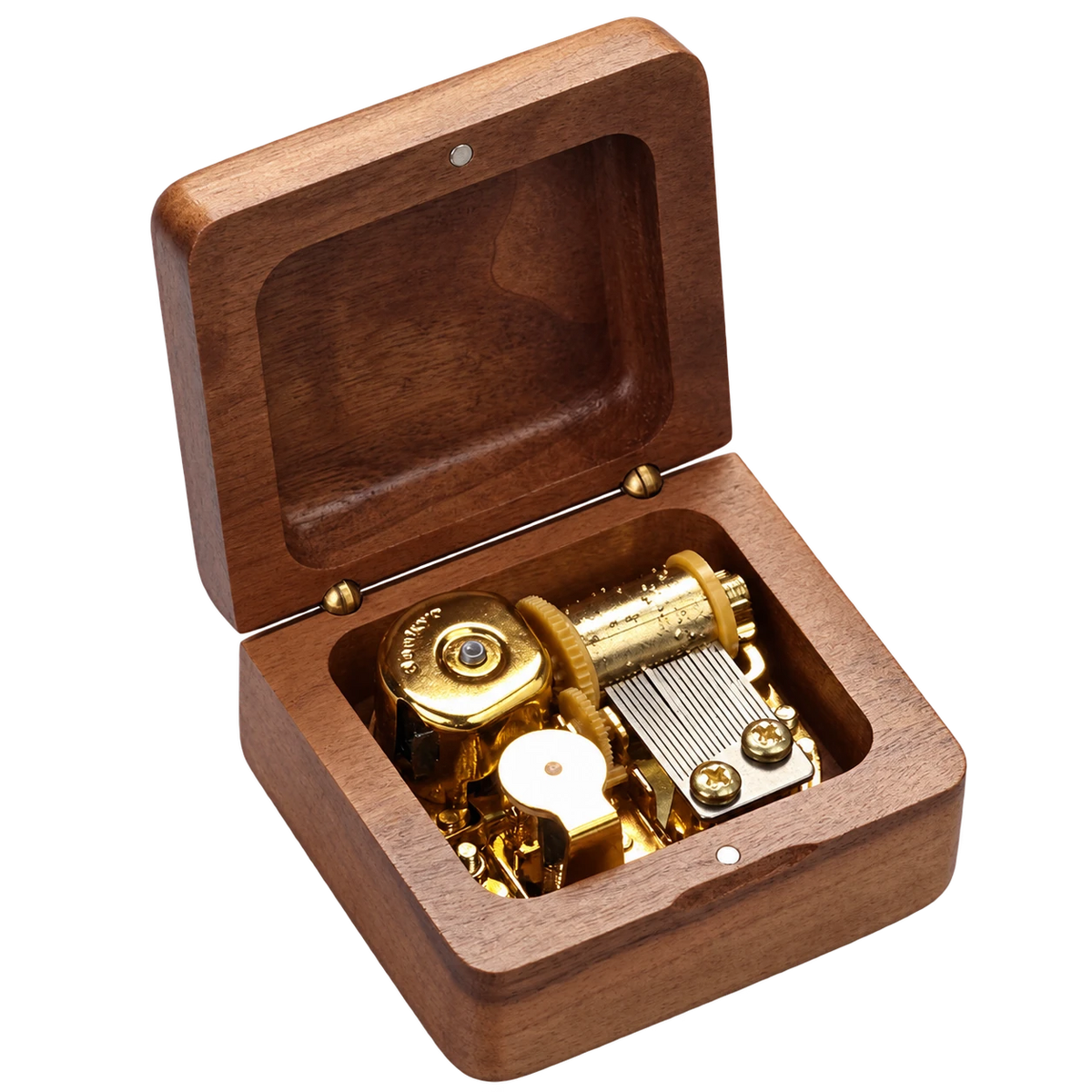Open square walnut music box with gold 18-note mechanism on transparent background