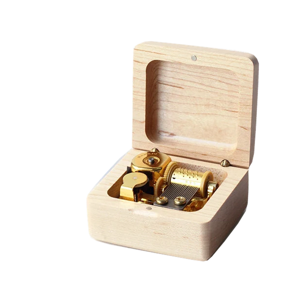Real maple square music box with original 18-note mechanism, photo cutout on transparent background