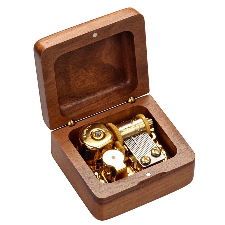 Walnut square music box based on the original product photograph with open lid and visible mechanism on transparent background