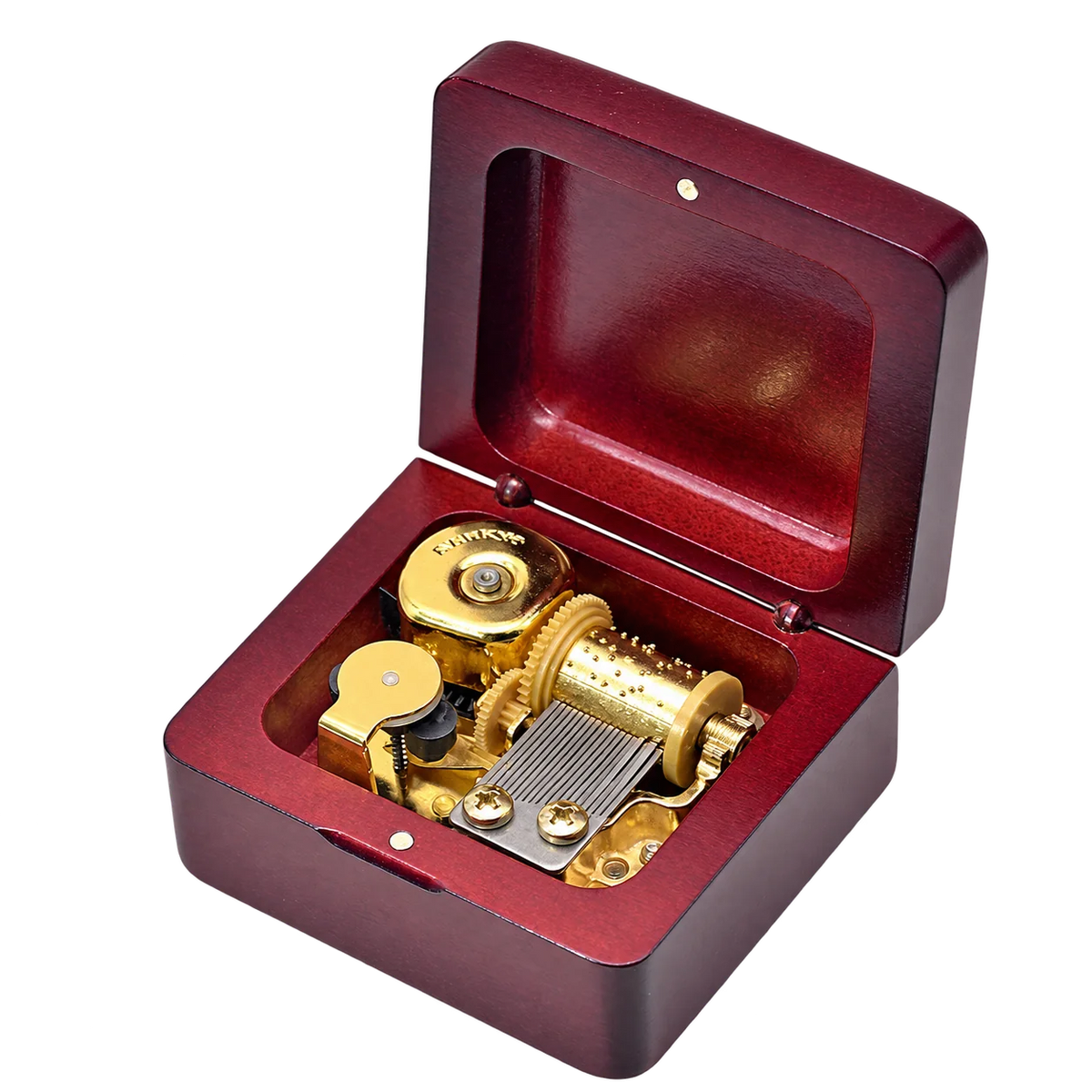 Open red square wooden music box on transparent background; existing photo-reference AI-assisted cutout