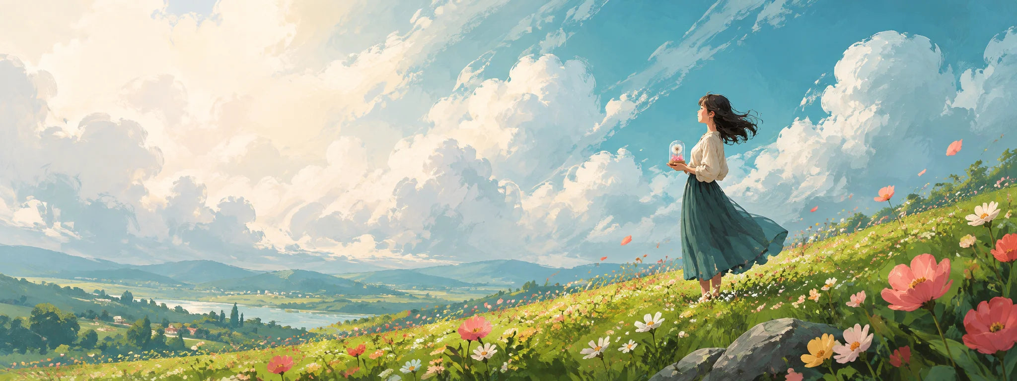 A woman holding a pink preserved-flower music box on a sunlit wildflower hillside.